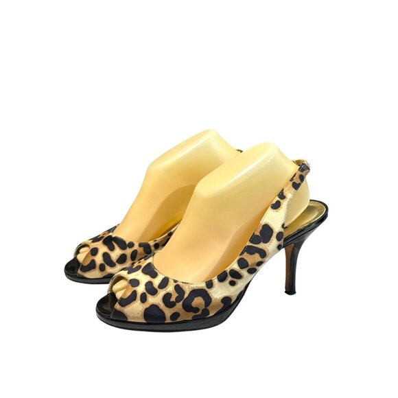 Cache Women's Leopard Print Slingback Peep Toe Leather Sole Stiletto Heels - Picture 1 of 10